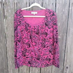 Jones New York Sport size L long sleeve top scoop neck fuchsia black mesh
